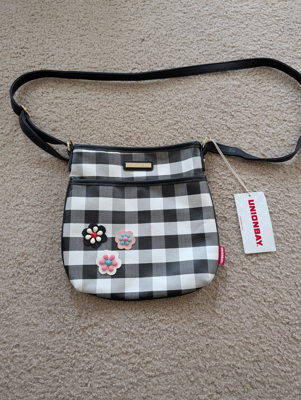 Unionbay Black & White Checked Crossbody Bag with Floral Accents